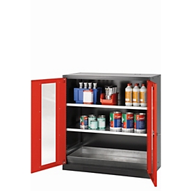 asecos CS-CLASSIC-G armoire de stockage de produits chimiques, portes à charnières avec découpe en verre, façade rouge trafic, L 1055 x P 520 x H 1105 mm