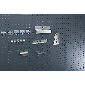 Assortiment d'accessoires pour plaques perforées Bott Perfo, 15 pièces, 10 crochets/5 porte-outils, métal galvanisé, argenté