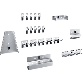 Assortiment d'accessoires pour plaques perforées Bott Perfo, 20 pièces, 10 crochets/5 pinces à outils avec Ø 13 mm/5 porte-outils, métal galvanisé, argenté