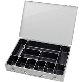 Assortimentkoffer ADB, leeg, 11 vakken, afsluitbaar, met handvat, B 330 x D 230 x H 50 mm, staal &amp; ABS kunststof, lichtgrijs RAL 7035