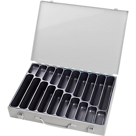 Assortment case ADB, empty, 20 compartments, lockable, with handle, W 330 x D 230 x H 50 mm, steel &amp; ABS plastic, light gray RAL 7035