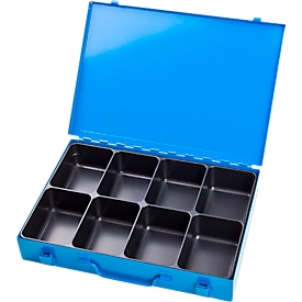 Assortment case ADB, empty, 8 compartments, lockable, with handle, W 330 x D 230 x H 50 mm, steel &amp; ABS plastic, light blue RAL 5012