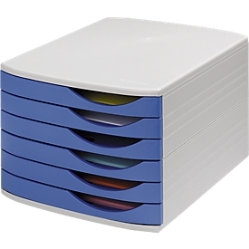 ATLANTA Schubladenbox, 6 flache Schubladen geschlossen, DIN A4, Polystyrol, grau/blau