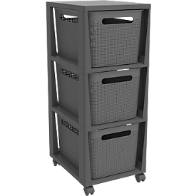 Aufbewahrungsturm BRISEN, mit Rollen, 3 x 16 Liter, bis 30 kg, beidseitig entnehmbare Schubladen, Recyclingkunststoff, BPA-frei, L 300 x B 366 x H 770 mm, anthrazit