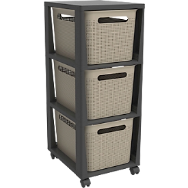 Aufbewahrungsturm BRISEN, mit Rollen, 3 x 16 Liter, bis 30 kg, beidseitig entnehmbare Schubladen, Recyclingkunststoff, BPA-frei, L 300 x B 366 x H 770 mm, cappuccino