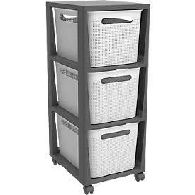 Aufbewahrungsturm BRISEN, mit Rollen, 3 x 16 Liter, bis 30 kg, beidseitig entnehmbare Schubladen, Recyclingkunststoff, BPA-frei, L 300 x B 366 x H 770 mm, weiss