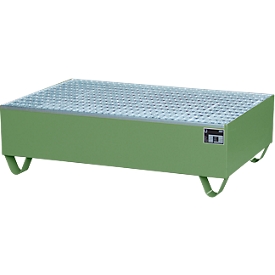 Auffangwanne, für 2 Fässer à 200 l, mit verzinktem Gitterrost, L 1200 x B 800 x H 360 mm, unterfahrbar, Stahl, resed.grün RAL 6011