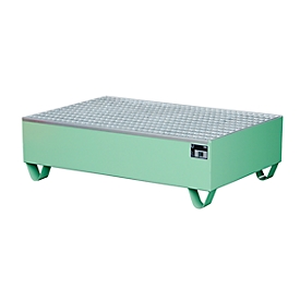 Auffangwanne, für 2 Fässer à 200 l, mit verzinktem Gitterrost, L 1200 x B 800 x H 360 mm, unterfahrbar, Stahl, resed.grün RAL 6011