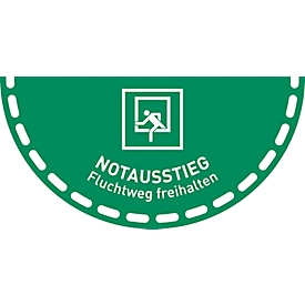 Autocollant de sol moedel "Sortie de secours - laisser libre la voie d'évacuation", selon DIN 4844-2 D-E019, film PVC, antidérapant, demi-cercle L 900 x H 450 mm