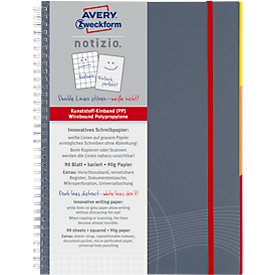 AVERY Cahier à double spirale NOTIZIO, réf. 7015, format A5, couverture en  pp, 90 feuilles quadrillé, gris