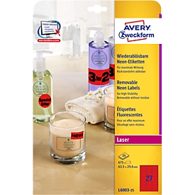 Avery Neon Labels L6003-25, voor etikettering, afneembaar, papier, rood, 63,5 x 29,6 mm, 25 x A4 vellen, 675 stuks.