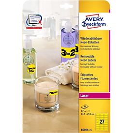 Avery Neon Labels L6004-25, voor etikettering, afneembaar, papier, geel, 63,5 x 29,6 mm, 25 x A4 vellen, 675 stuks.