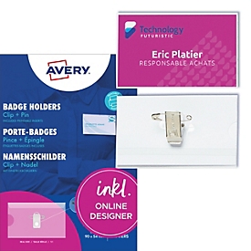 Avery Zweckform 4820 Namensschilder 90 x 54 mm, transparent, Clip+Pin, 50 Stück mit Einsteckkarten