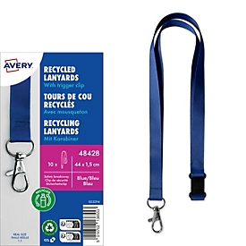 Avery Zweckform 4842B gerecyclede lanyard 15 x 440 mm, blauw, rPET, met karabijnhaak, 10 stuks
