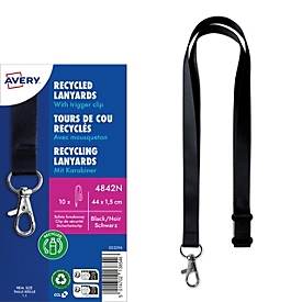 Avery Zweckform 4842N Lanière recyclée 15 x 440 mm, noire, en rPET, avec mousqueton, lot de 10 pièces