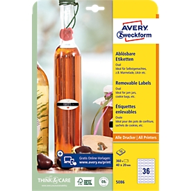 Avery® Zweckform Etiketten 5086, Format A4, ablösbar, druckergeeignet, 40 x 20 mm, 10 Bogen mit 360 Stück, FSC®-Papier, oval, weiss