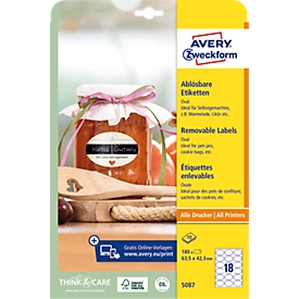 Avery® Zweckform Etiketten 5087, formaat A4, verwijderbaar, printer-veilig, 63,5 x 42,3 mm, 10 vel met 180 stuks, FSC® papier, ovaal, wit