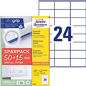 Avery Zweckform Etiketten 6602, universal, ultragrip, geeignet für Inkjet- & Laserdrucker, 70 x 36 mm, 1560 Stück/65 A4-Bogen, FSC®-Papier, weiss