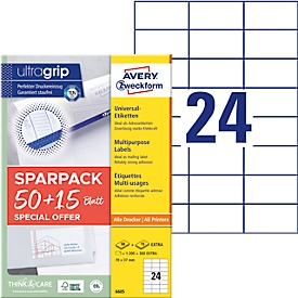 Avery Zweckform Etiketten 6605, universal, ultragrip, geeignet für Inkjet- & Laserdrucker, 70 x 37 mm, 1560 Stück/65 A4-Bogen, FSC®-Papier, weiss
