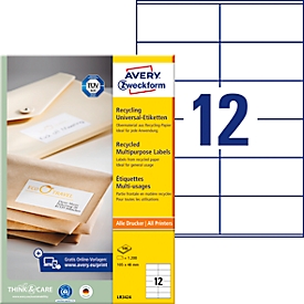 Avery® Zweckform Etiketten LR3424, A4, universeel, permanente kleefstof, geschikt voor printer, gerecycled papier, rechthoekig, natuurlijk wit, 1200 stuks op 100 vel