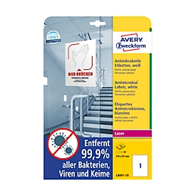 Avery Zweckform etiketten serie L8001-10, antimicrobieel, bestand tegen desinfecterende middelen, voor laserprinters, 210 x 297 mm, 10 stuks/10 A4-vellen, folie, wit