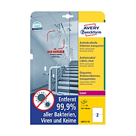Avery Zweckform etiketten serie L8012-10, antimicrobieel, bestand tegen desinfecterende middelen, voor laserprinters, 210 x 148 mm, 20 stuks/10 A4-vellen, folie, transparant