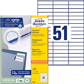 Avery® Zweckform Étiquettes 3420, A4, universelles, adhésives permanentes, ultragrip, adaptées à l'imprimante, papier FSC®, rectangulaires, blanches, 5100 pièces par 100 feuilles