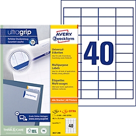 Avery® Zweckform Étiquettes 3657-200, A4, universelles, adhésives permanentes, ultragrip, adaptées à l'imprimante, papier FSC®, rectangulaires, blanches, 8800 pièces sur 220 feuilles