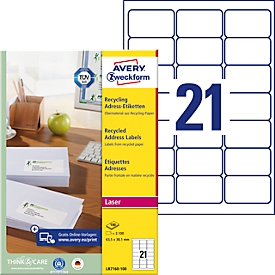 Avery Zweckform Étiquettes d'adresse LR7160-100, adaptées aux imprimantes laser, 63,5 x 38,1 mm, 2100 pièces/100 feuilles A4, Ange bleu, papier recyclé, blanc naturel