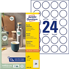 Avery® Zweckform Étiquettes L3415-100, A4, universelles, adhésives permanentes, adaptées à l'imprimante, papier FSC®, rondes, Ø 40 mm, blanches, 2400 pièces sur 100 feuilles