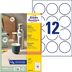 Avery® Zweckform Étiquettes L3416-100, A4, universelles, adhésives permanentes, adaptées à l'imprimante, papier FSC®, rondes, Ø 60 mm, blanches, 1200 pièces sur 100 feuilles