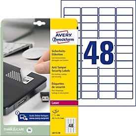 Avery Zweckform Étiquettes L6113-20, infalsifiables, extrêmement résistantes, 45,7 x 21,2 mm, 960 pièces/20 feuilles A4, film, blanc