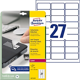 Avery Zweckform Étiquettes L6114-20, infalsifiables, extrêmement résistantes, 63,5 x 29,6 mm, 540 pièces/20 feuilles A4, film, blanc
