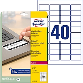 Avery Zweckform Étiquettes L6145-20, infalsifiables, extrêmement résistantes, adaptées aux imprimantes laser noir et blanc, 45,7 x 25,4 mm, 800 pièces/20 feuilles A4, film acrylique, blanc