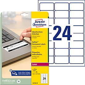 Avery Zweckform Étiquettes L6146-20, infalsifiables, extrêmement résistantes, adaptées aux imprimantes laser noir et blanc, 63,5 x 33,9 mm, 480 pièces/20 feuilles A4, film acrylique, blanc