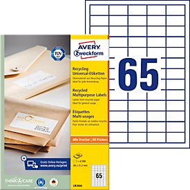 Avery® Zweckform Étiquettes LR3666, A4, universelles, adhésives permanentes, adaptées à l'imprimante, papier recyclé, rectangulaires, blanc naturel, 6500 pièces sur 100 feuilles