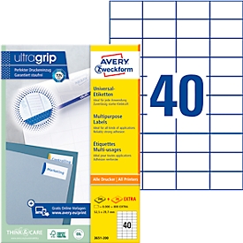 AVERY Zweckform Étiquettes universelles 3651-200, ultragrip, 52,5 x 29,7 mm, 3651-200, 8000 + 800 pièces
