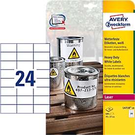Avery Zweckform Folien-Etiketten, wetterfest, für Innen- und Aussenbereich, 70 x 37 mm