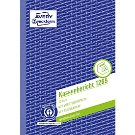 Avery® Zweckform Kassenbericht 1265, Format A5, mit Ausfüllhilfe, ohne Durchschläge, perforiert & gelocht, Blauer Engel, weiß, 1 Buch mit 50 Blatt