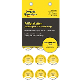 AVERY® Zweckform keuringsstickers "Gekeurd volg. VDE", 2018-2023, aftrekbestendige folie, geel, Ø 20 mm