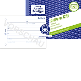 Avery® Zweckform Quittungsbuch 1255, Querformat A6, inkl. Mehrwertsteuer, mit 1 Blatt Blaupapier, perforiert & gelocht, Blauer Engel, weiß, 100 Blatt