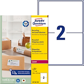 Avery® Zweckform Verzendetiketten LR7168, permanente kleefstof, printer-veilig, gerecycled papier, rechthoekig, natuurlijk wit, 200 stuks op 100 vel