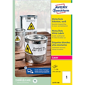 AVERY® Zweckform Wetterfeste Folien-Etiketten L4775-100, 210 x 297 mm, permanent, weiß
