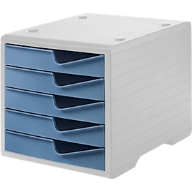Bac à tiroirs styro® styroswing, 5 tiroirs, blocage de l'ouverture &amp; poignée encastrée, empilable, L 270 x P 340 x H 255 mm, polystyrène, gris-bleu pigeon