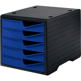 Bac à tiroirs styro® styroswing , 5 tiroirs, blocage de l'ouverture &amp; poignée encastrée, empilable, L 270 x P 340 x H 255 mm, polystyrène, noir-bleu