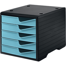 Bac à tiroirs styro® styroswingbox, 5 tiroirs, blocage de l'ouverture &amp; poignée encastrée, empilable, L 270 x P 340 x H 255 mm, polystyrène, noir-aqua