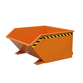 Bac basculant Eichinger-Industrie, hauteur basse, 1500 l, jusqu'à 2000 kg, poches d'entrée, sécurité par chaîne, acier, orange pur RAL 2004