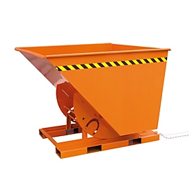 Bac basculant Eichinger-Industrie, hauteur élevée, 500 l, jusqu'à 1500 kg, patins de roulement, basculant transversalement au/dans le sens de la marche, acier, orange pur RAL 2004
