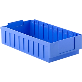 Bac de rayonnage RK 521B, polystyrène, L 490 x l. 243 x H 115 mm, 10 compartiments, pour étagère de 500 mm de profondeur, bleu