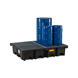 Bac de récupération PALETTE-PE 425/4 CEMO - pour 2 palettes Euro - 425 litres - pour fûts de 4 x 200 l - L 1670 x l. 1270 x H 360 mm – avec caillebotis en acier